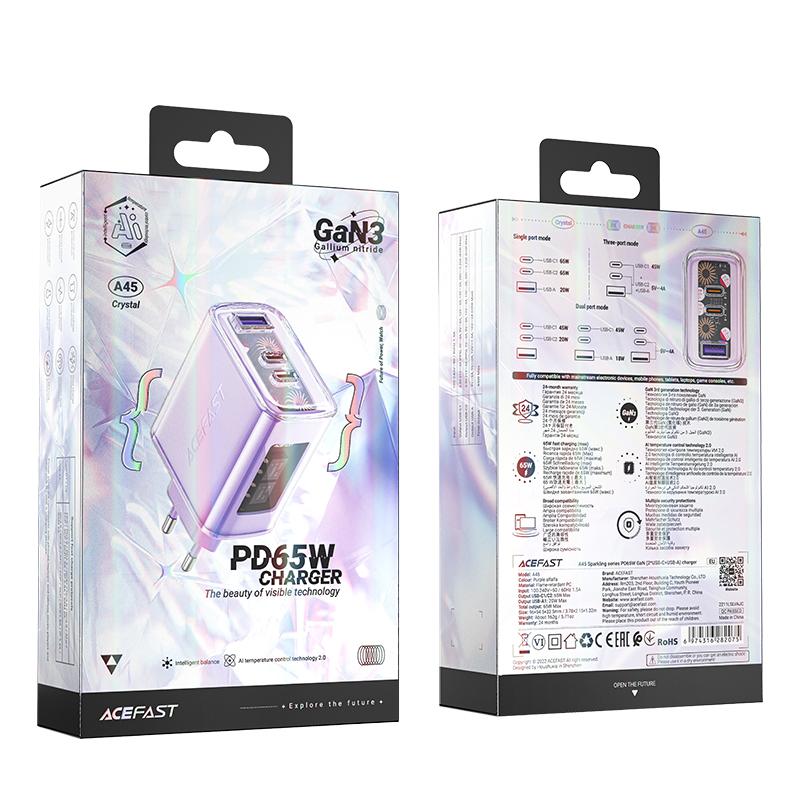 Gan 65W 3 Ports Wall Charger 2X Usb-C Usb-A Pd Qc 4.0 Purple