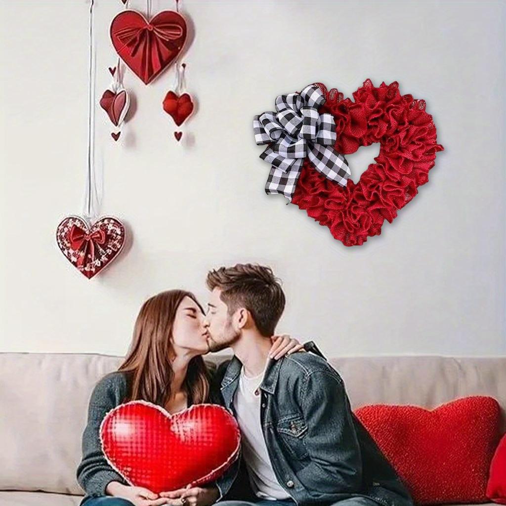 35 см венок в форме сердца ко Дню святого Валентина, подвесная табличка для входной двери, венок из мешковины в форме сердца с клетчатыми бантами для улицы, дома, свадьбы, гирлянды для домашнего декора