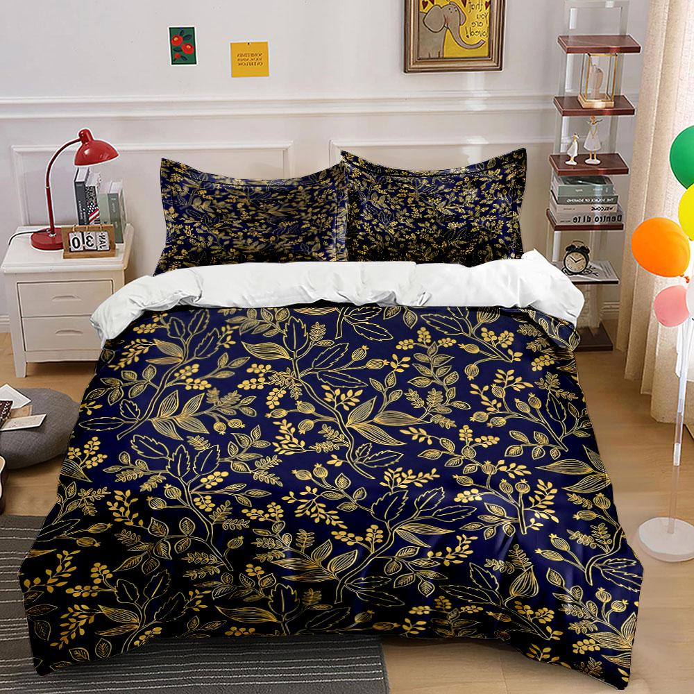 Golden Leaf Pattern Decorations Soft Skin-Friendly Bedding Set Includes 1 Duvet Cover And 2 Pillowcase Gift