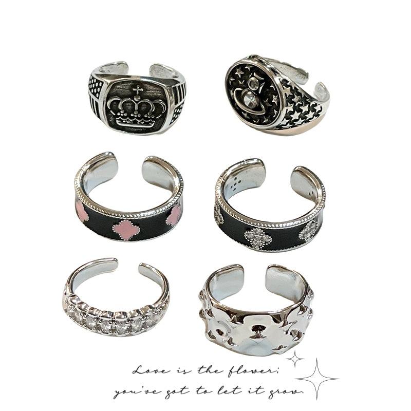 Vintage Retro Four-Leaf Clover Personalized Crown Open Ring Fashion Niche High-End Jewelry Women