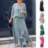 Women's Casual Two Piece Chiffon Set Plus Size Mother of Bride Dressy Suit Crew Neck Top Wide Leg Pant Flowy Wedding Guest Outfit