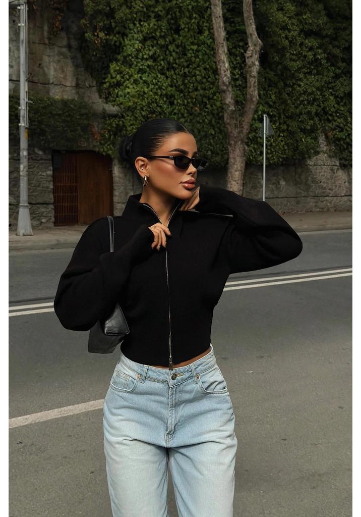 European & American Style Knit Zipper Cardigan: Women's Half-high Collar, Loose Long Sleeve, Cropped Soft Fluffy Sweater.