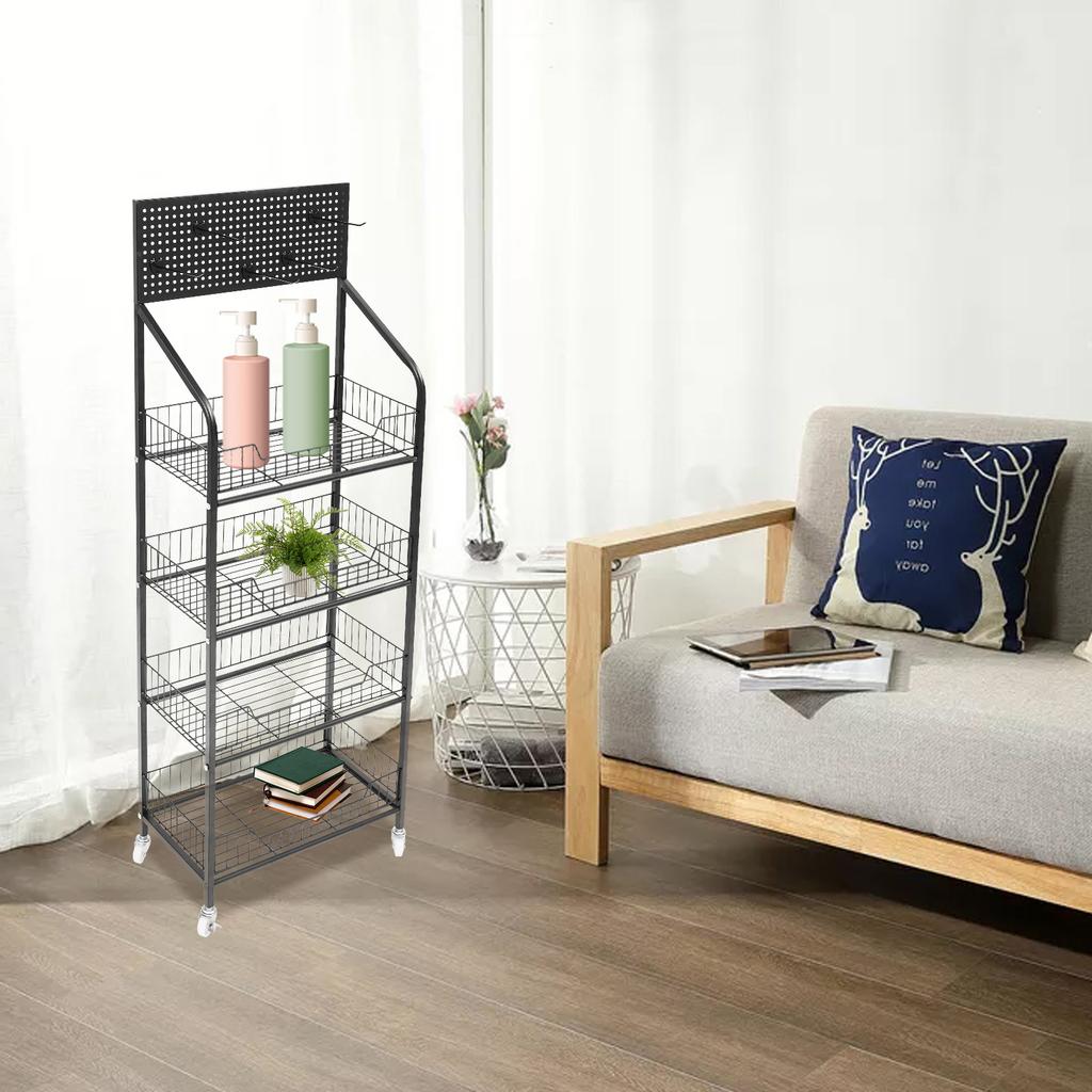 4-Tier Metal Storage Shelf Rolling Cart, Heavy Duty Kitchen Organizer Rack with Wheels for Pantry, Store Display, Black