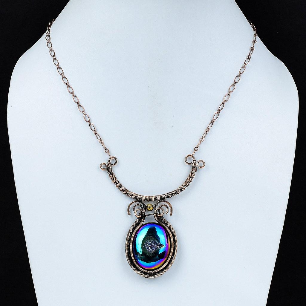 Titanium Druzy Necklace Copper Wire Wrapped Necklace Gemstone Copper Jewelry Adjustable Handmade Necklace Wire Wrap Jewelry Engagement Gift