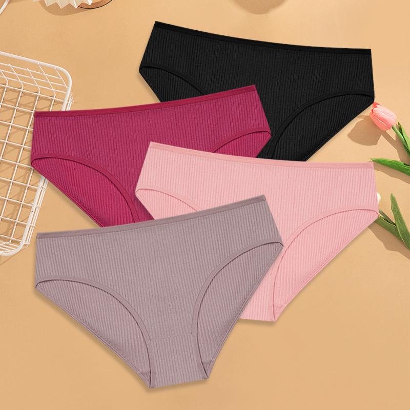 4Pcs Women's Cotton Ribbed Briefs Solid Breathable Elastic Underwear Sexy Simple Comfortable Panties Girls Soft Basics Lingerie