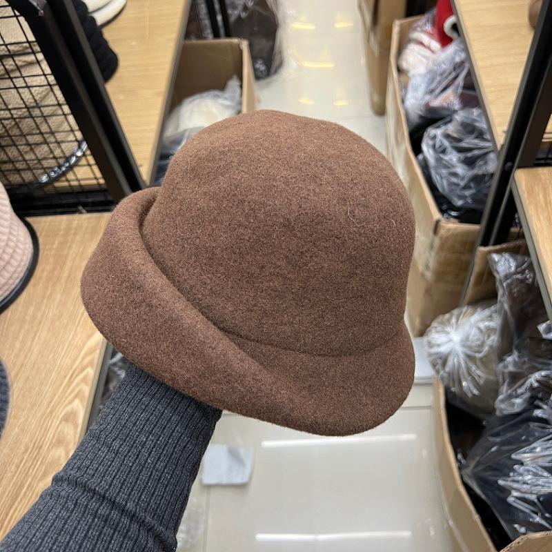French wool blended top hat women's autumn and winter advanced sense crimped bucket hat elegant temperament socialite style dome basin hat