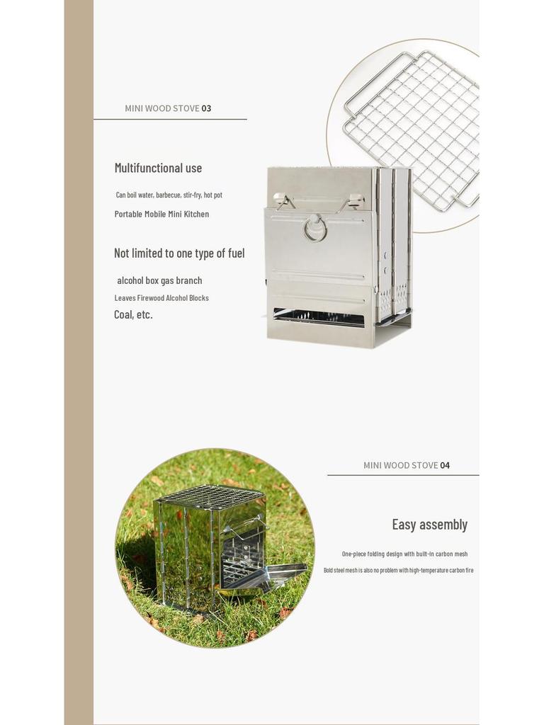 Уличная складная печь из нержавеющей стали для дров и древесного угля со встроенным устройством для розжига огня для кемпинга, барбекю и обогрева