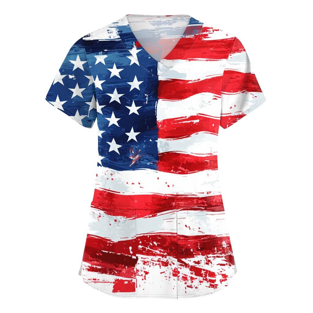 Women's Short Sleeve Independence Day Printed V-Neck Pocket Workwear Top