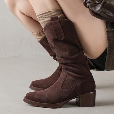 Зимние сапоги из коровьей замши и нубука с круглым носком и средним каблуком, модные женские сапоги без застежек, плиссированные, в стиле ретро, элегантные женские сапоги до середины икры