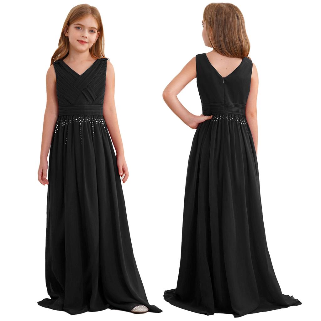 Girls Formal Party Gown V Neck Sleeveless Ruched Interwoven Chiffon Long Dress for Wedding Flower Girl Cocktail
