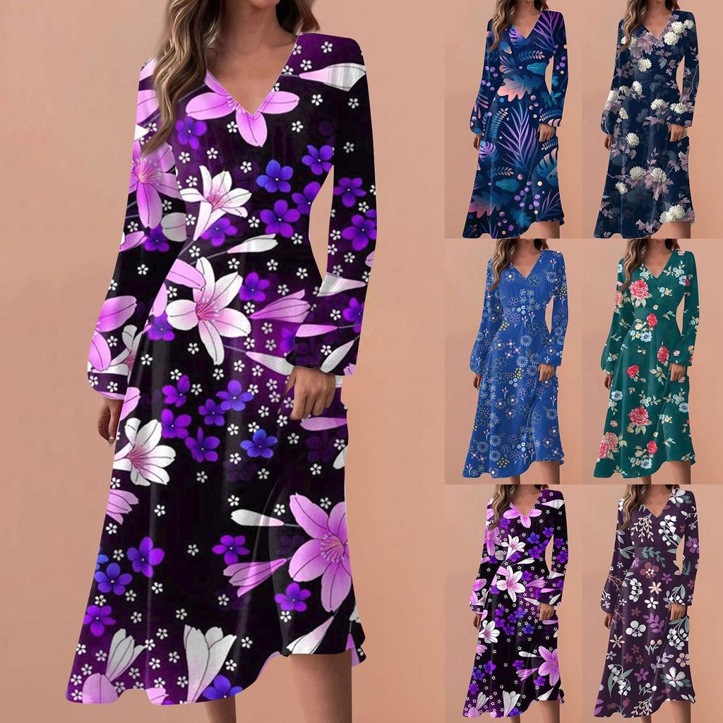 Women's Spring And Autumn Casual Fashion V-neck Long Sleeve Floral Printed Long Dresses