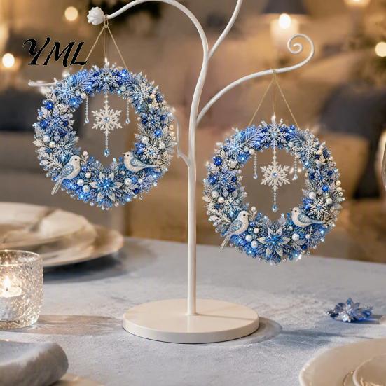 Holiday Gift for Friends 2Pcs Pearl Diamond Christmas Ornament Set, 2D Acrylic Glitter Hanging Tree Pendants Decor with Ribbon, Festive Pendant Party