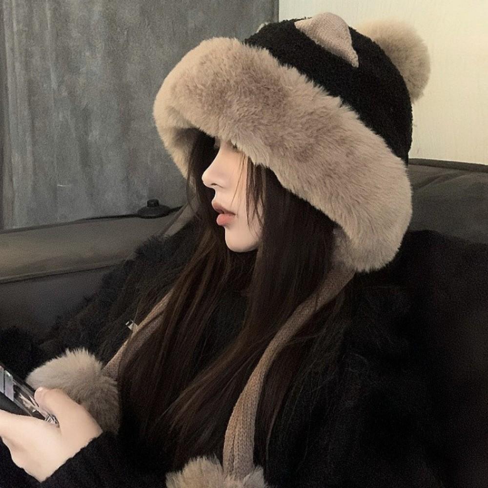 Pom Poms Ear Protection Trapper Hat Polyester Winter Warm Fuzzy Hat Outdoor Activity