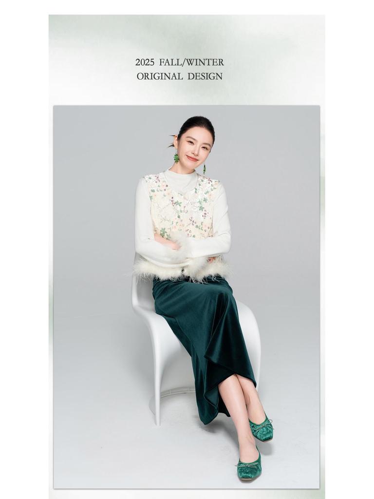 2025 Осень Женская Юбка Миди из Бархата с Завышенной Талией и Хвостом Русалки - Приталенный Дизайн в Национальном Стиле А-силуэта