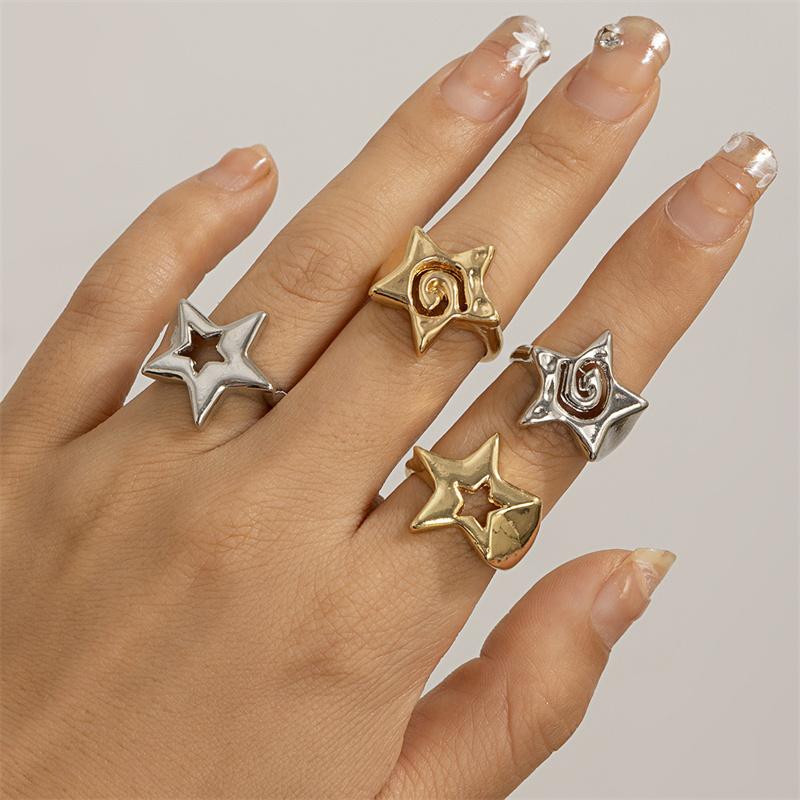 2Pcs/set Rings for Women Men Punk Five-Pointed Star Geometric Golden Silver Color Knuckle Jewelry Adjustable Ring Sets