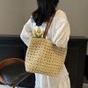 New Waffle Grid Straw Bag Lazy Wind Hollow Paper Rope Shoulder Woven Bag Large Capacity Casual Beach Women's Bag