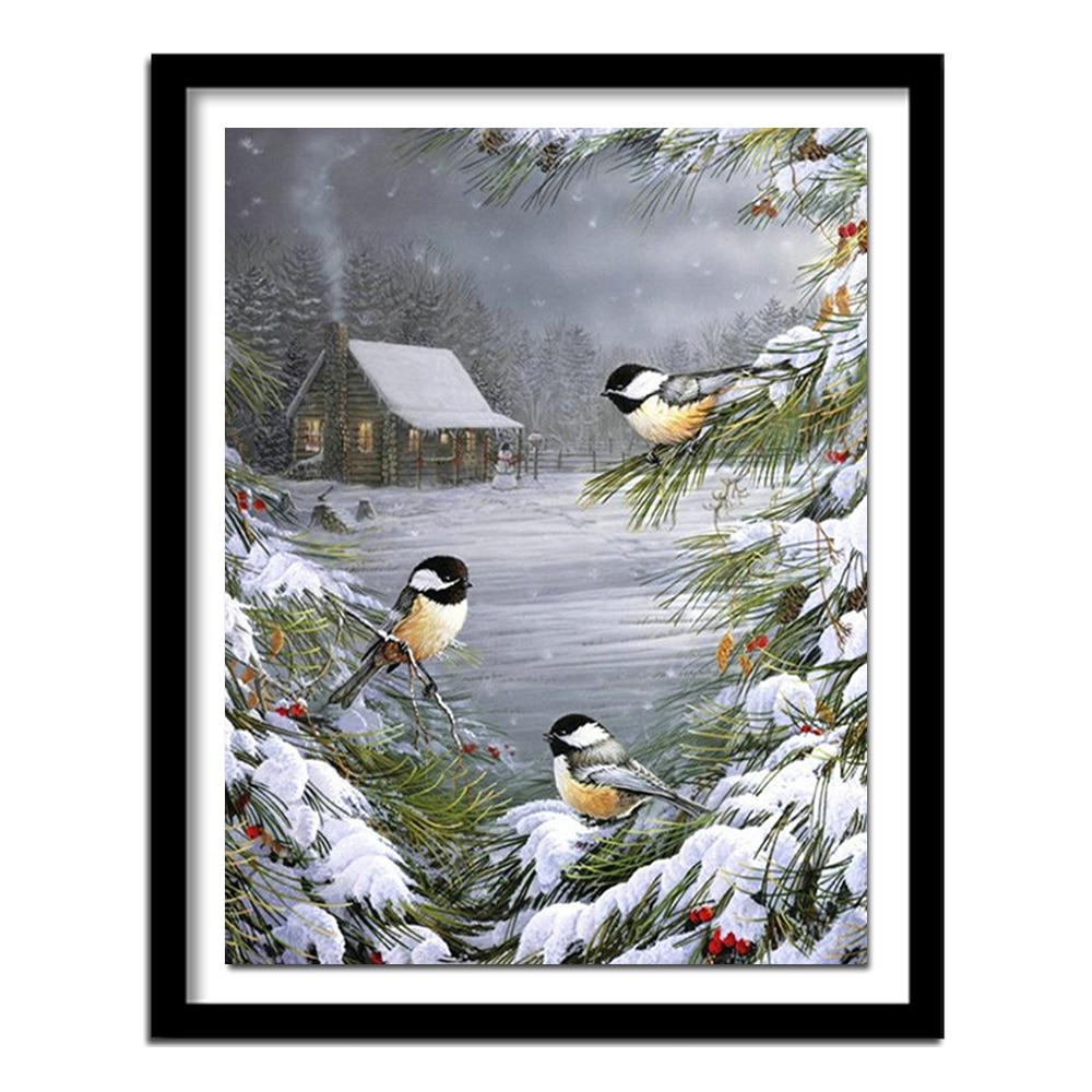 Зимние птицы на снегу 5D Алмазная картина Картина паста Алмазная вышивка