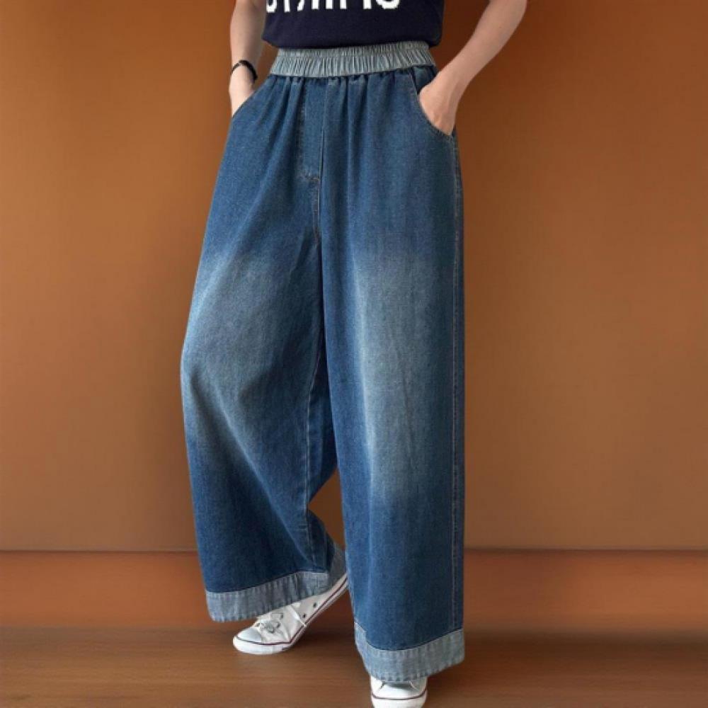 New Arrivals Open Run Women Vintage Wash Maxi Wide Color Denim Jeans Fall Pants