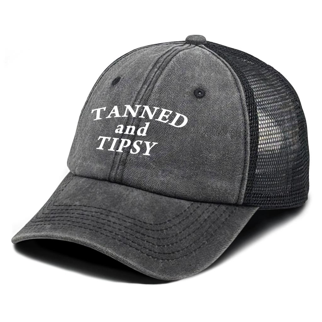 "Tanned and Tipsy" Print Mesh Cap Unisex Casual Cotton Snapback Hats For Woman Washed Retro Adjustable Baseball Cap