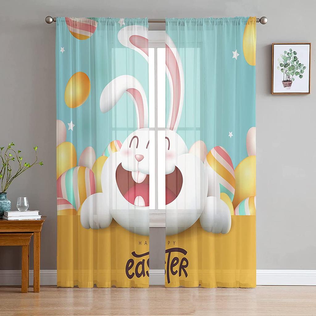 Easter Window Sheer Curtains for Bedroom Living Room Easter Egg Easter Bunny Spring Flower Chiffon Voile Sheer Drapes Curtain