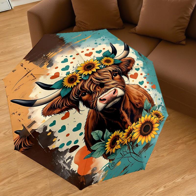 1PC Cow Sunflowers Automatic Open/Close Umbrella Compact Folding Umbrella with 8-Rib Shaft lightweight esign, Highquality Fabric1152A