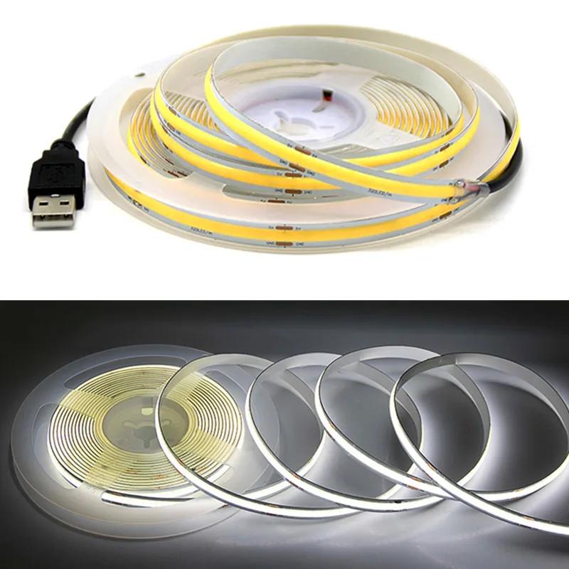 USB COB лента DC5V 320Leds/M Белый/Красный/Желтый Светильник для шкафа Подсветка телевизора Гибкая светодиодная лента для освещения Домашний декор Лампа