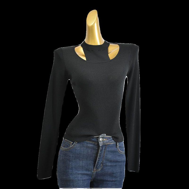 From Cupboard Spring and Autumn Round Neck Halterneck Bingqu Knitting Silm Long Sleeves Fake Two-Piece Cut Out Stylish Pullover Women's Clothing