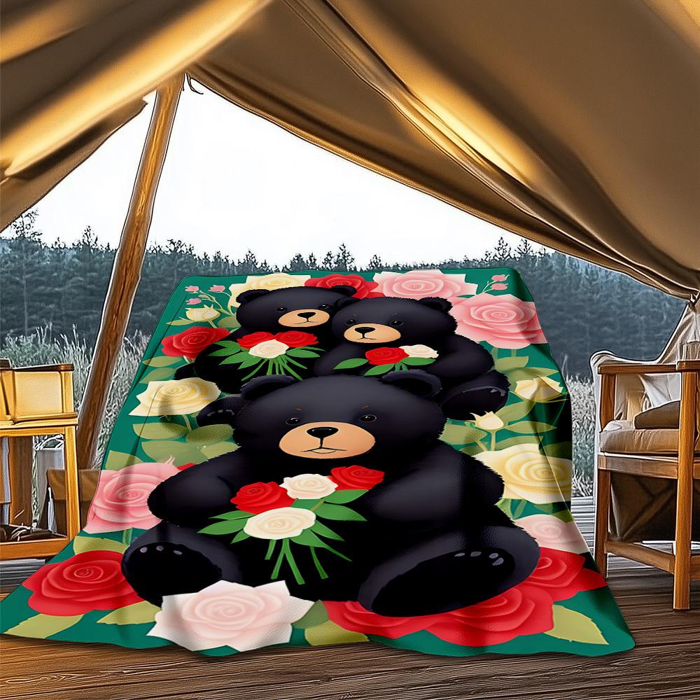 1pc Teddy Bear Bouquet Outdoor Flannel Blanket Soft All Season Polyester Throw , Perfect for Picnics & Travel , Picnic Accessory