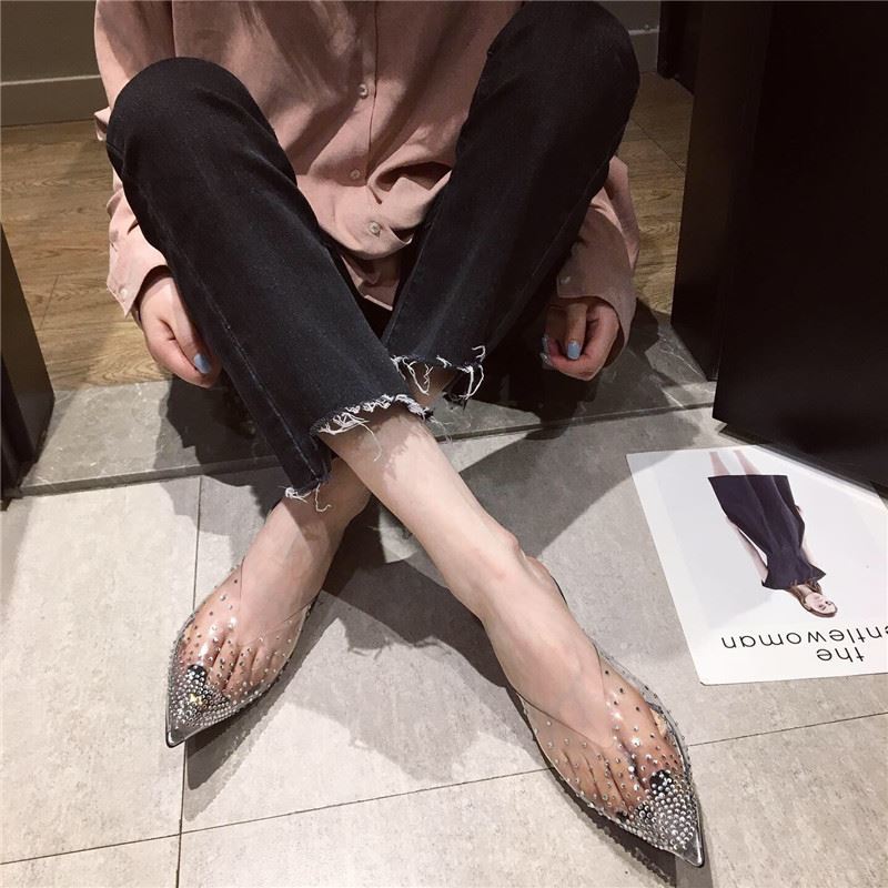 Прозрачные босоножки на каблуках, женские тапочки, мюли со стразами, женская обувь 2024 года, модная элегантная обувь на среднем каблуке, новинка лета 2024 года