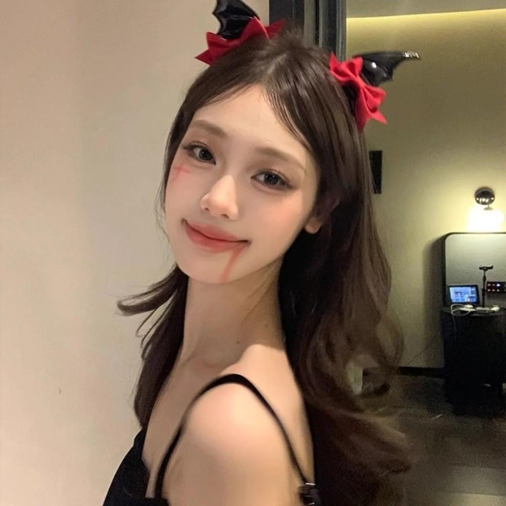 2 Pcs Bow Halloween Hairpins Gothic Style Devil Horn Hair Clips Fashion Bat Duckbill Clips Cosplay