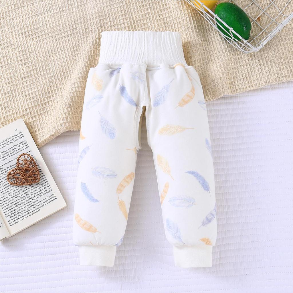 High Waist Baby Cotton Quilted Pants with Belly Protection – Mulberry Silk-Lined for Boys & Girls, Perfect for Autumn & Winter