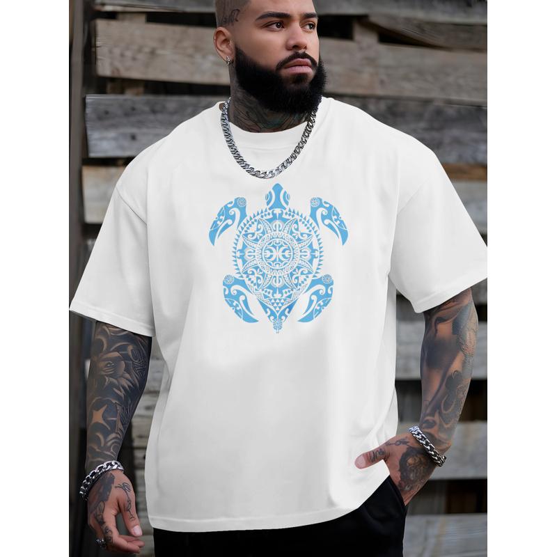 Plus-size Men's T-shirt, Comfortable and Versatile, Simple and Clean, Men's Blue Sea Turtle Pattern Summer Casual Crew Neck Short Sleeve T-shirt,