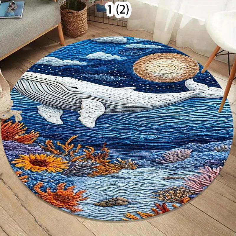 Coastal Ocean Wave Seagull Round Rug, Non-Slip Soft Teal Area Rug, Nordic Living Room Bedroom Floor Mat, Artistic Home Decor
