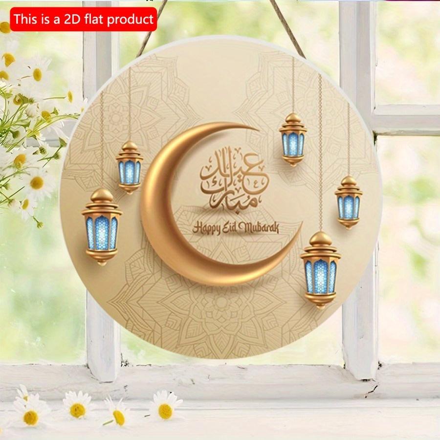 2D Flat 20*20cm1pc Happy Eid Mubarak Golden Moon and Lanterns Patterns Exquisite Round Wooden Pendant, Celebrate Ramadan Good Quality Ceiling Hanging