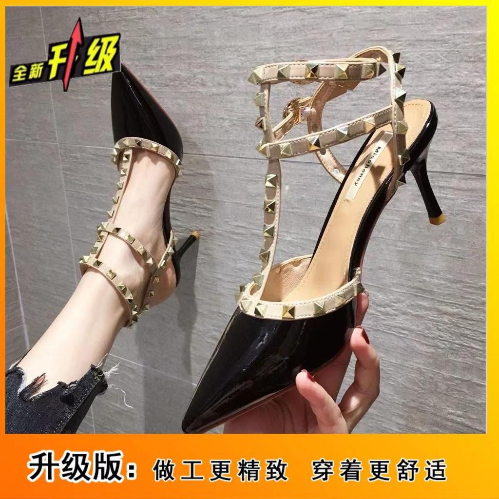 Весна 2024 женские туфли на высоком каблуке с острым носком, на тонком каблуке, босоножки с ремешком на щиколотке, женские туфли с заклепками, свадебные туфли, средний каблук, туфли-лодочки, большой размер