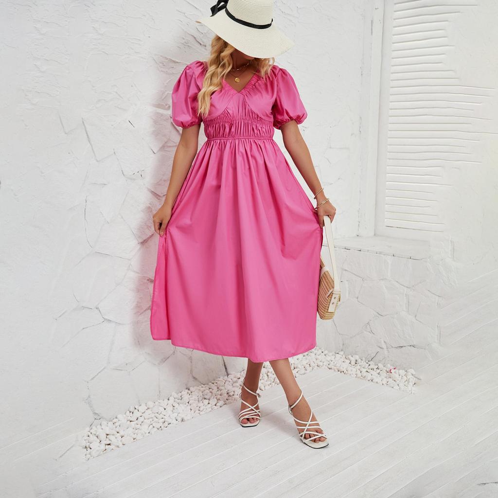 Летнее женское модное однотонное плиссированное платье с коротким рукавом длиной до щиколотки без бретелек