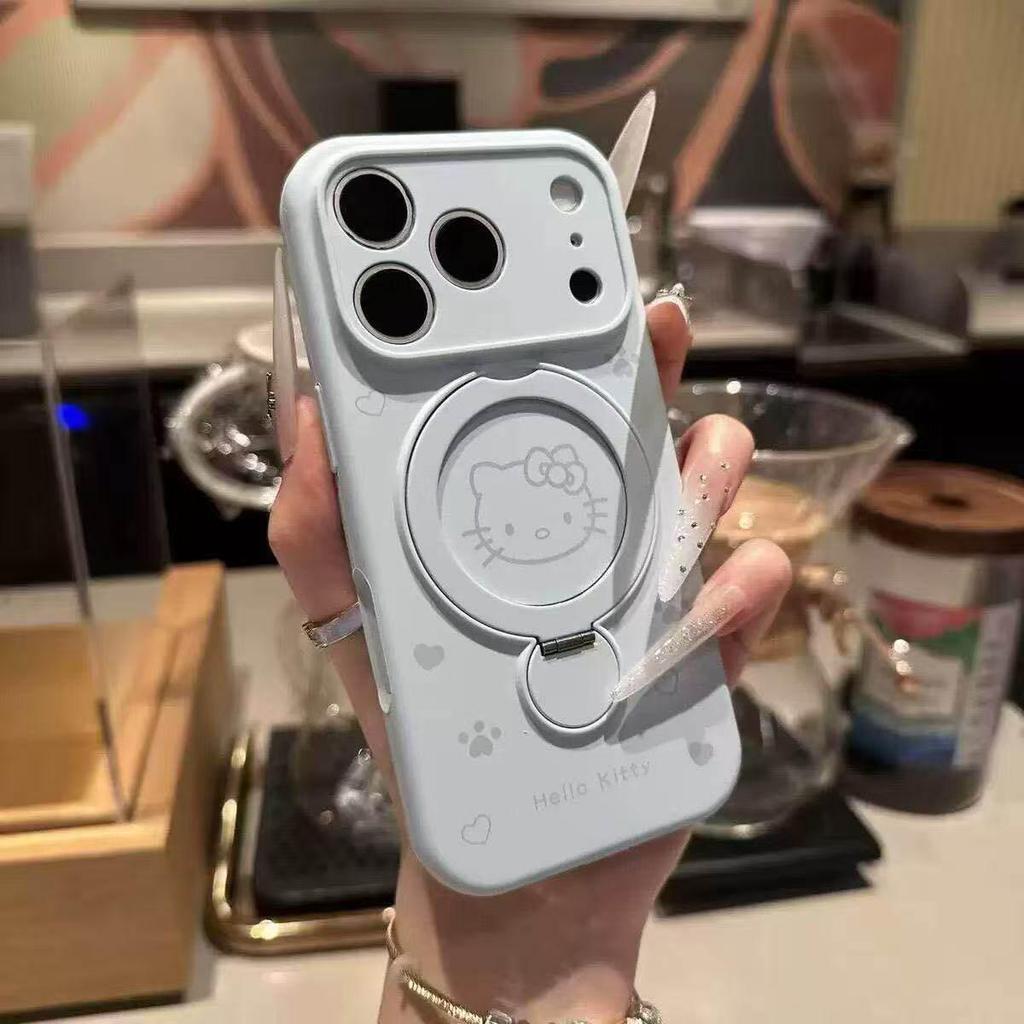 Магнитный чехол из жидкого силикона для Apple 17 Pro - Мультяшный чехол KT Cat с подставкой Защитная крышка