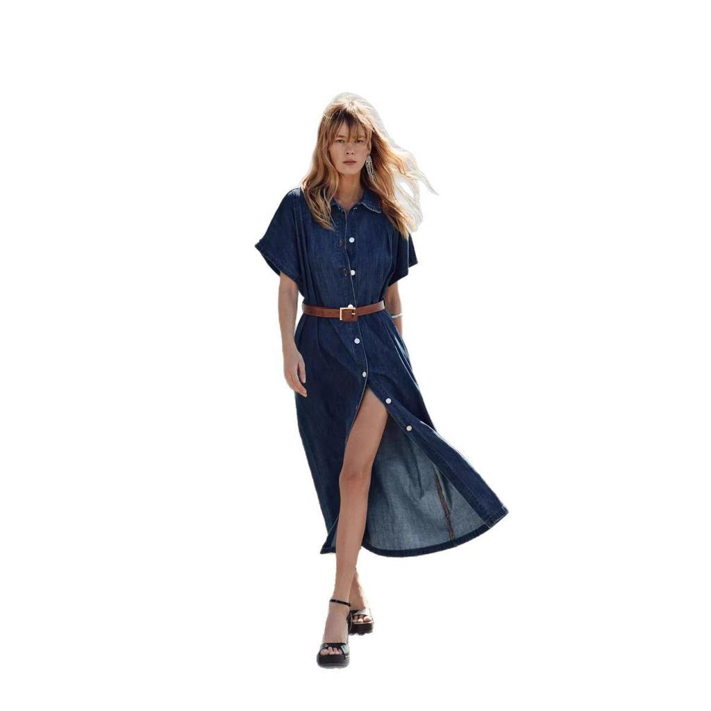 2025 Cotton French Retro Slimming Denim Shirt Dress – High-End Waist-Cinching Long Dress for Women, Autumn Collection