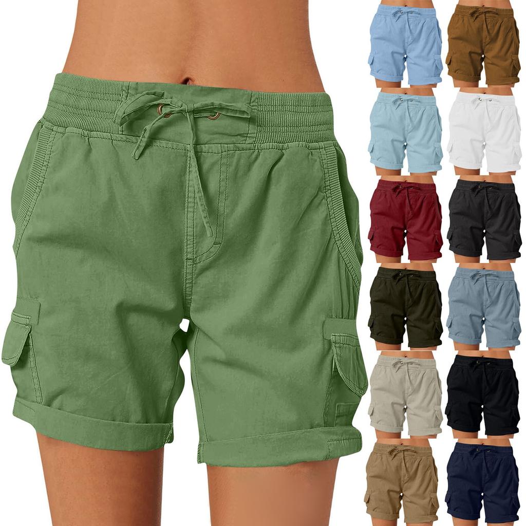 Women's Solid Color Fashionable Pocket Drawstring Casual Workwear Pants Loose Elastic Waist Shorts