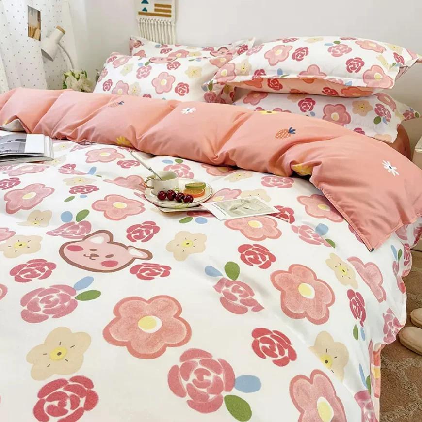 Striped Flower Duvet Cover Set + Flat Sheet + 2pc Pillowcases Single Double Twin Queen King Size Bed Linen Bedding Textile B90F