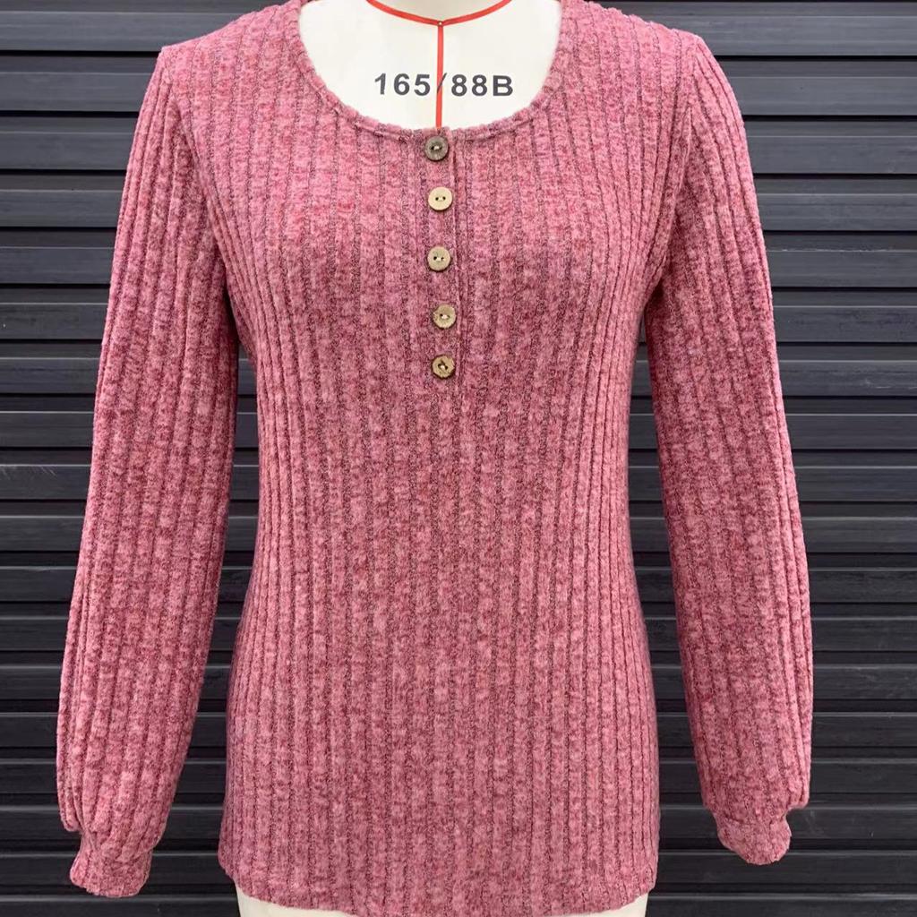 Женская осенняя трикотажная футболка-фонарик с длинным рукавом и круглым вырезом на пуговицах, однотонный ребристый трикотажный пуловер, повседневные топы