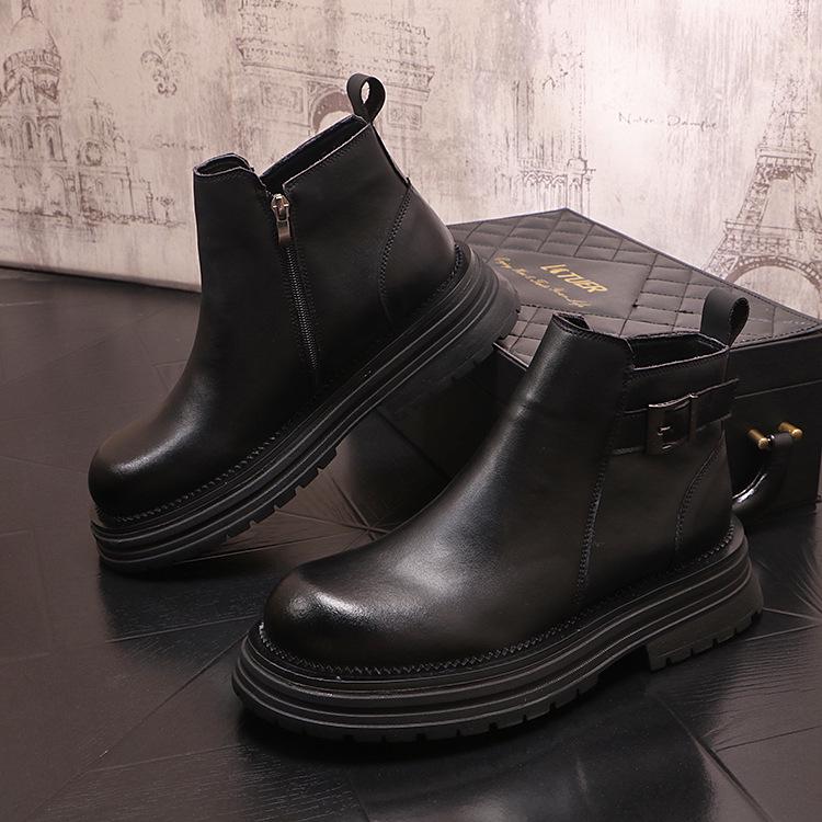 Men's Chelsea Leather Slip-On Boots - High-Top, British Style, with Inner Height Increase and Martin Boot Warmth.