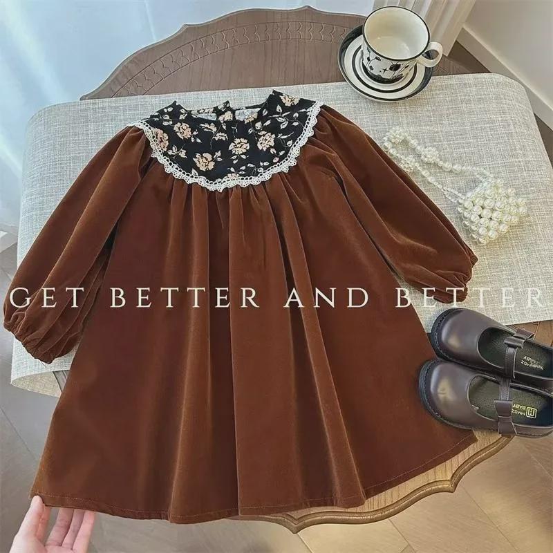 Hepburn-Style Retro Velvet Floral Princess Dress for Girls - Long-Sleeved, Perfect for Spring and Autumn, Korean Design.