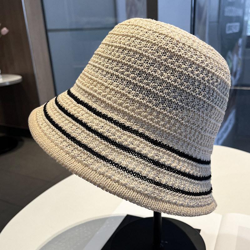 New striped knitted bucket hat women's summer breathable sunscreen small face versatile sunshade basin hat simple commute