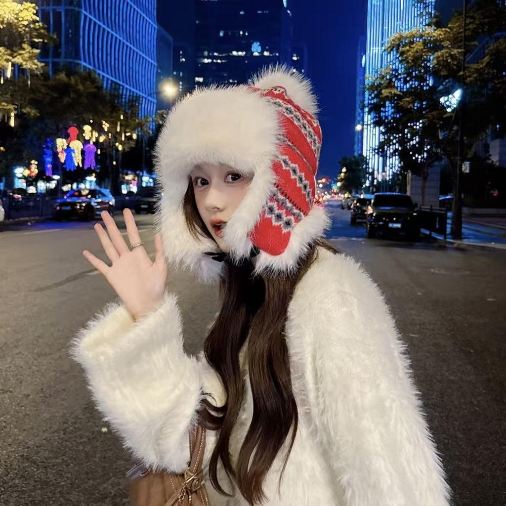 Women's winter velvet thickened warm Lei Feng hat ethnic style knitted jacquard ear protector Northeast cold-proof versatile baotou hat