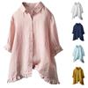 Women's Fashion Casual Single Breasted Ruffle Half Sleeve Shirt Solid Colour Tops