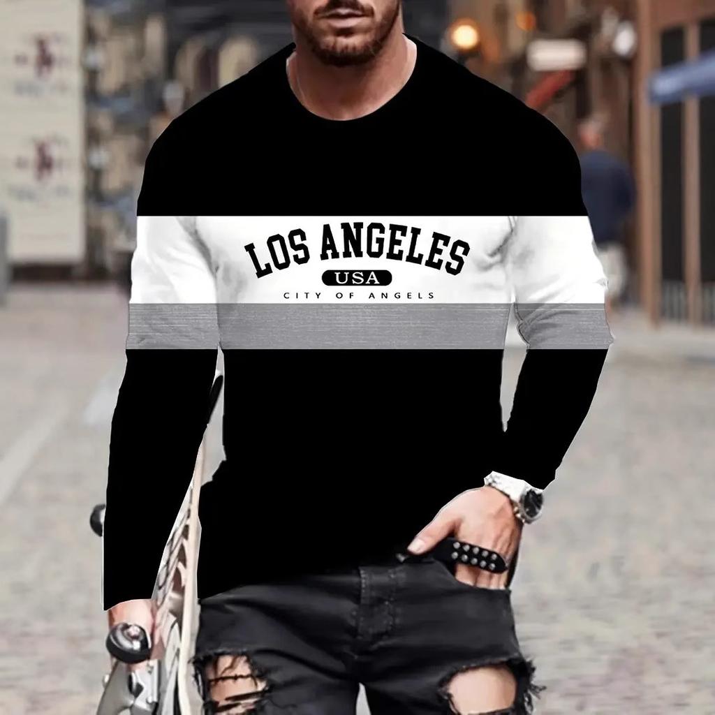 Мужские футболки с 3D-принтом названия города, модные, повседневные, с длинным рукавом - Мягкая полиэстеровая ткань средней эластичности, одежда для весны и осени, свободного кроя