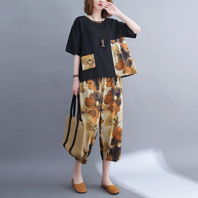 Женский ретро-костюм, летний свободный топ, женские брюки с принтом и застежкой-молнией больших размеров, костюм из двух частей