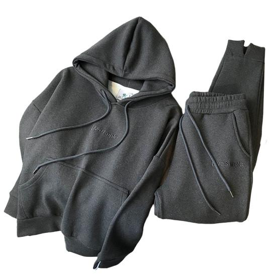 2 шт./компл. с длинными рукавами и вышивкой на шнурке, с буквенным принтом, эластичной резинкой на талии, карманами на флисовой подкладке, повседневная одежда, женская зимняя однотонная одежда