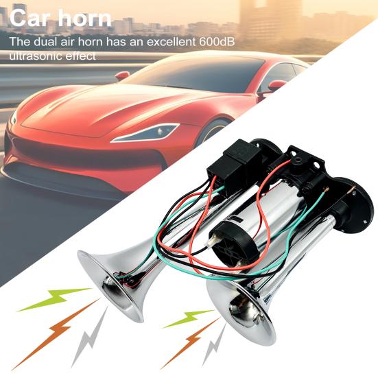 Car Air Horn Dual Trumpets with Air Compressor Simple Installation Universal Powerful Super Loud Truck Train Horn Kit